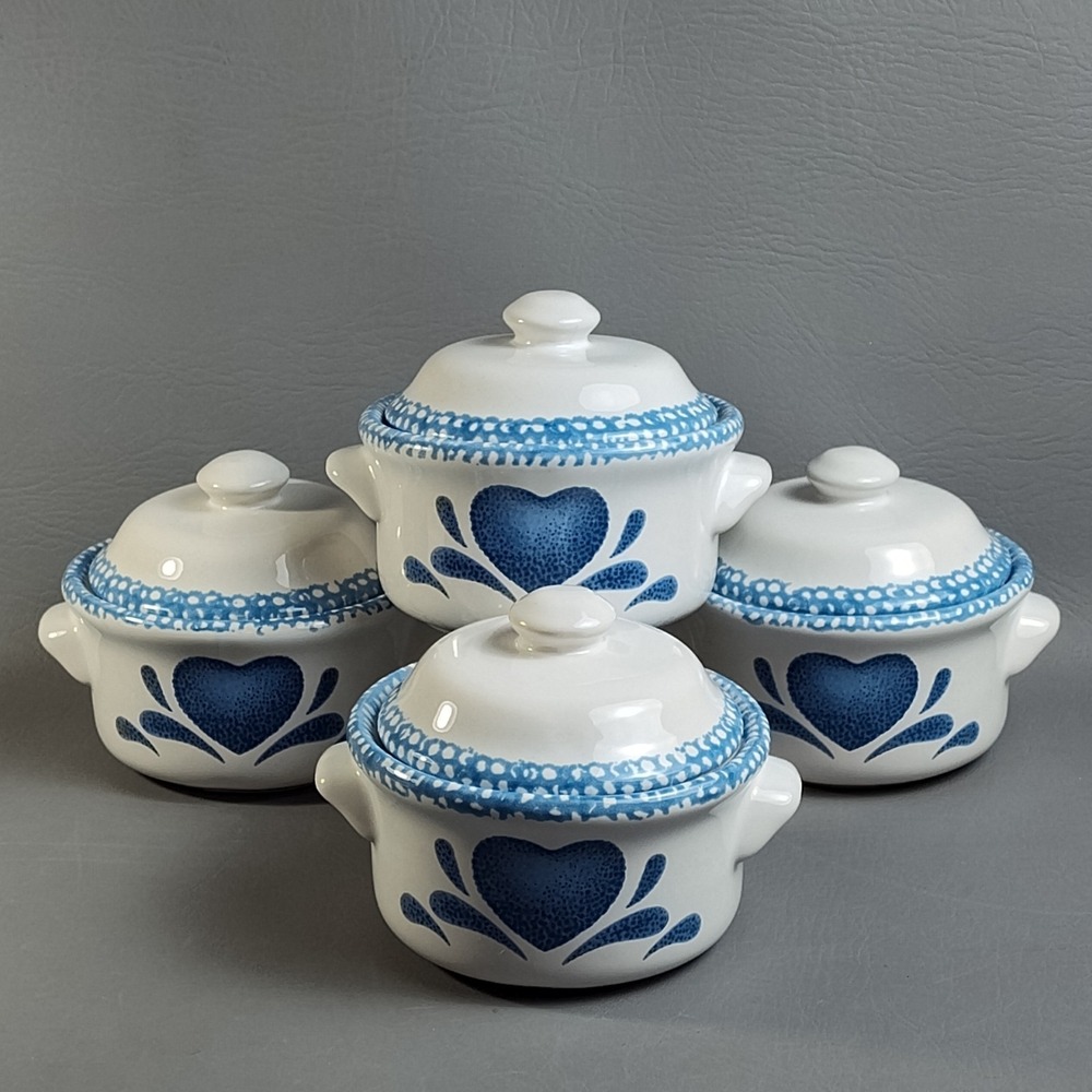 Vintage Cottagecore Spongeware Blue Heart Pottery Soup Chili Bowl W/ Lids Set/4